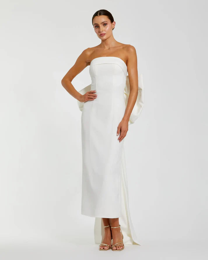 Mac Duggal 21108 Ivory Strapless Crepe Fitted Bodice Sheath Dress with Bow