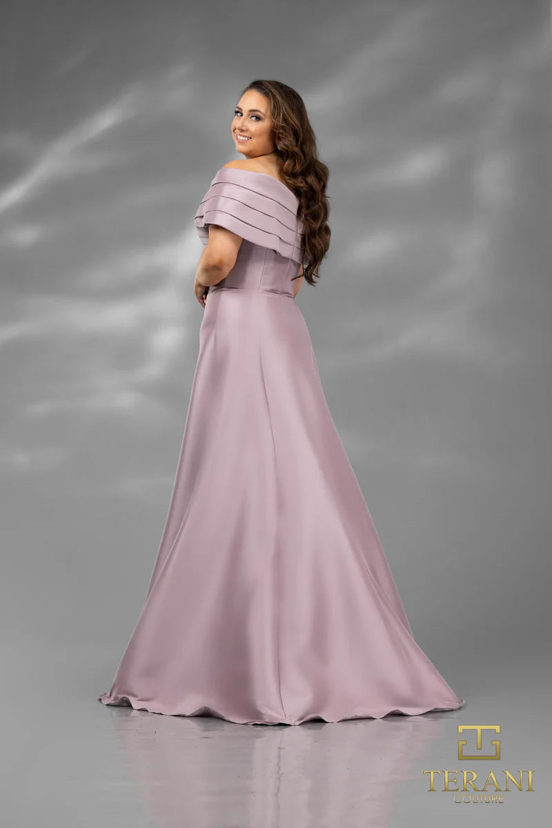Terani Couture 2112M5404 Red Off-The-Shoulder Pleated Stretch Mikado A-Line Evening Gown