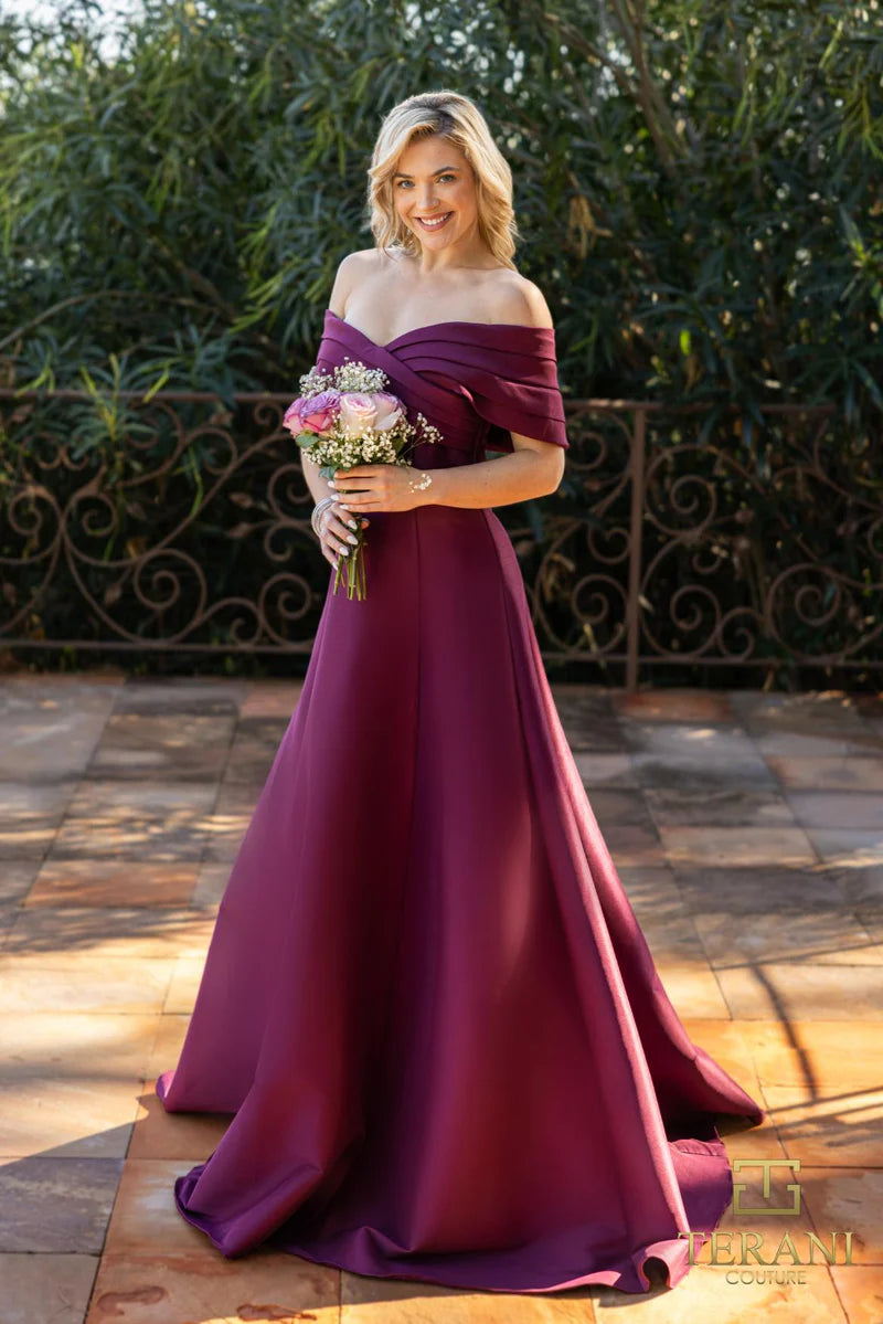 Terani Couture 2112M5404 Red Off-The-Shoulder Pleated Stretch Mikado A-Line Evening Gown