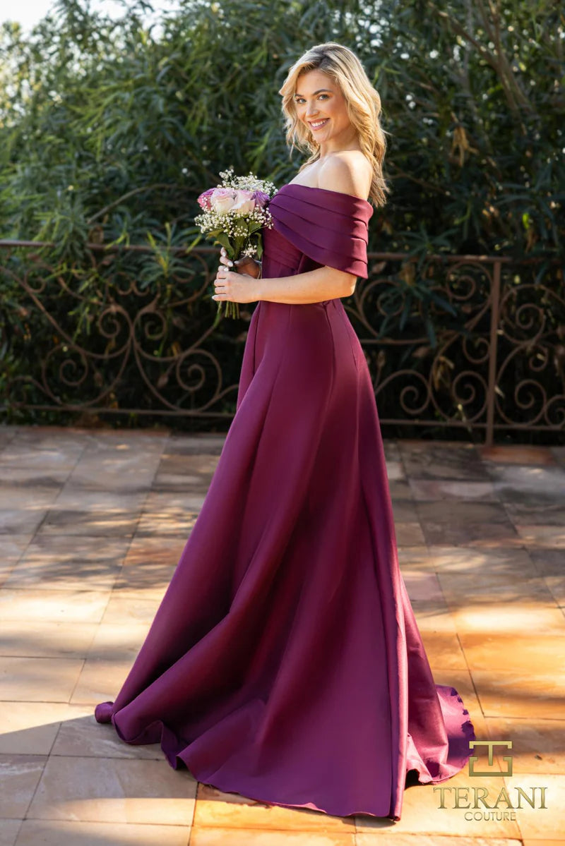 Terani Couture 2112M5404 Red Off-The-Shoulder Pleated Stretch Mikado A-Line Evening Gown