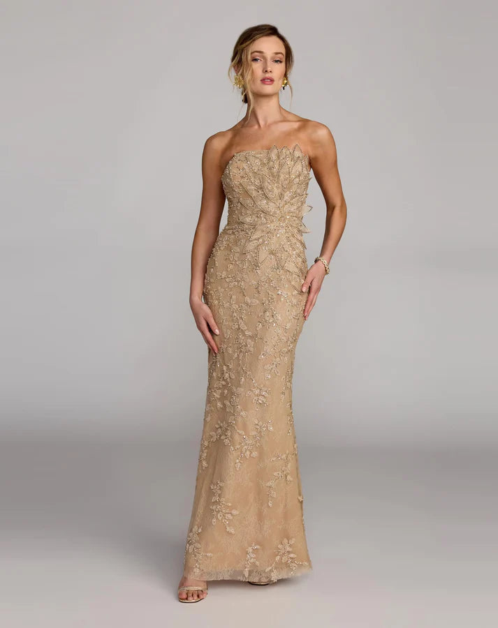 Mac Duggal 21200 Gold Strapless Embellished Lace Gown with 3D Flower
