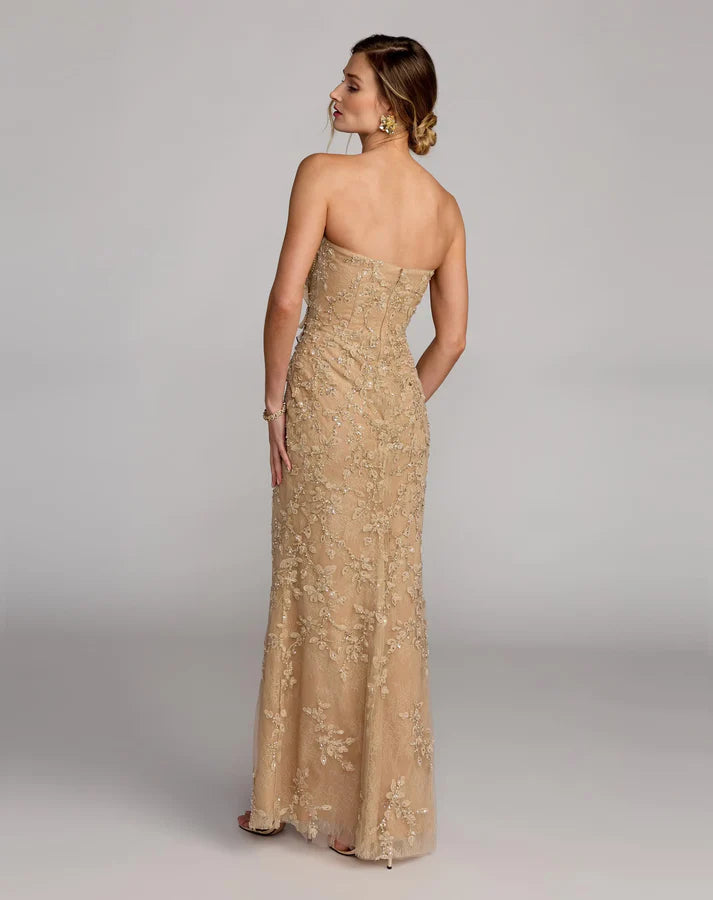 Mac Duggal 21200 Gold Strapless Embellished Lace Gown with 3D Flower