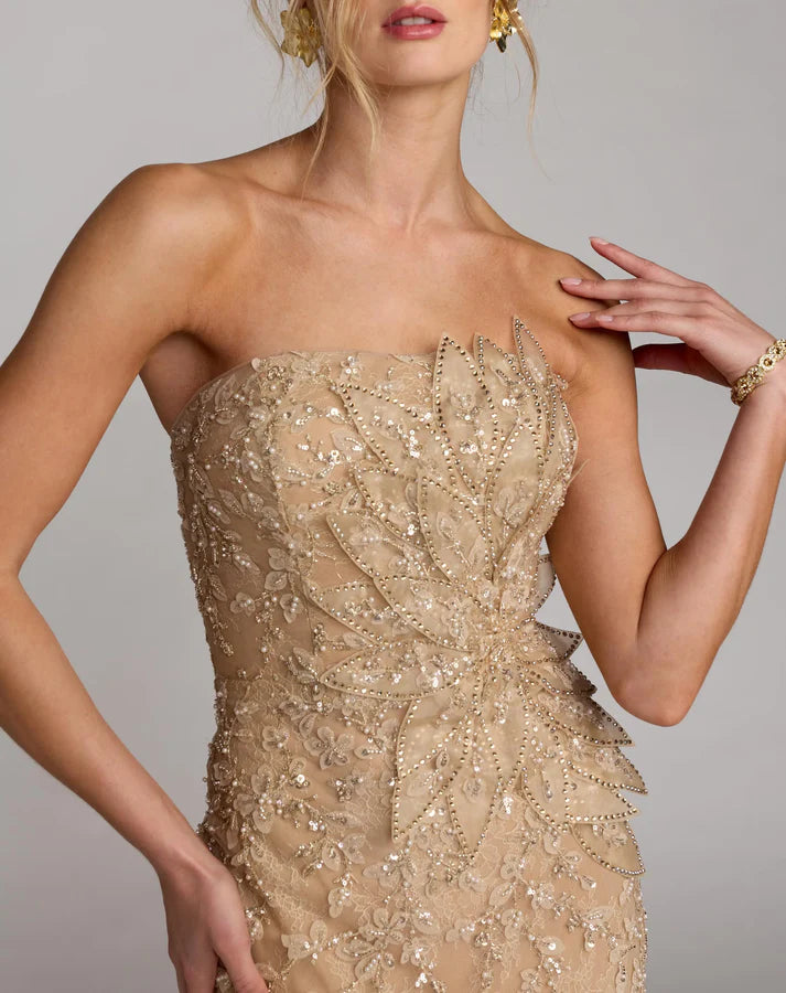 Mac Duggal 21200 Gold Strapless Embellished Lace Gown with 3D Flower