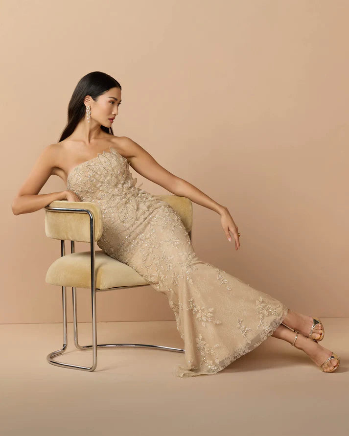 Mac Duggal 21200 Gold Strapless Embellished Lace Gown with 3D Flower