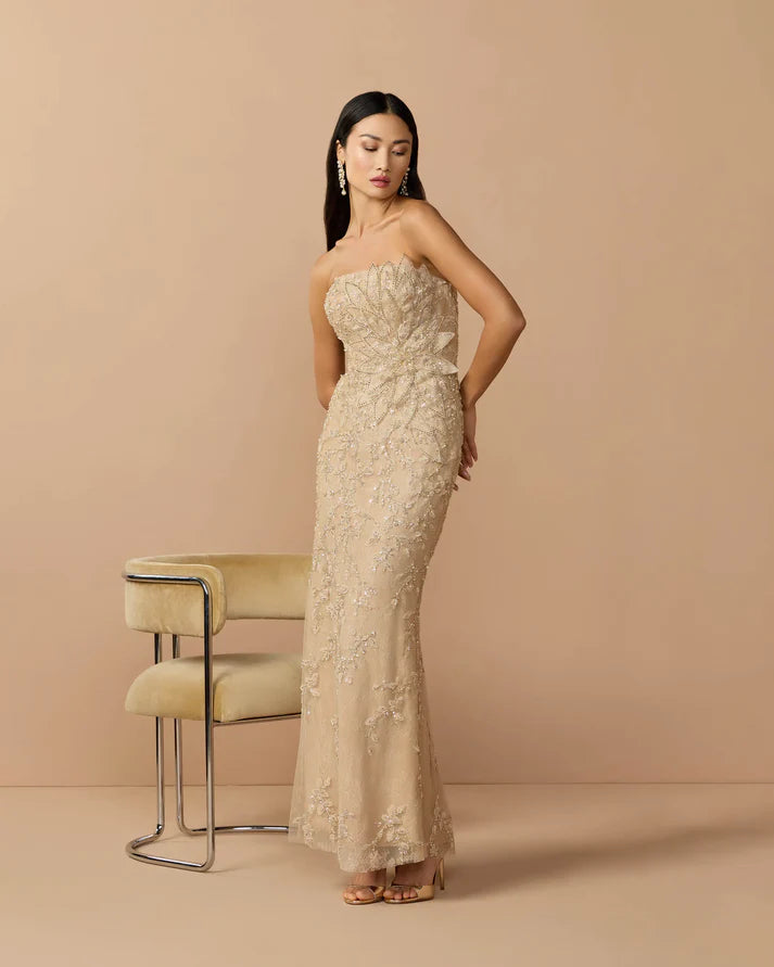 Mac Duggal 21200 Gold Strapless Embellished Lace Gown with 3D Flower