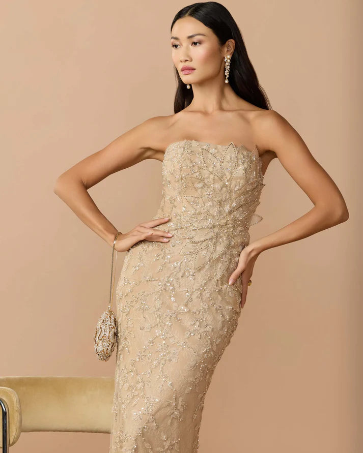 Mac Duggal 21200 Gold Strapless Embellished Lace Gown with 3D Flower