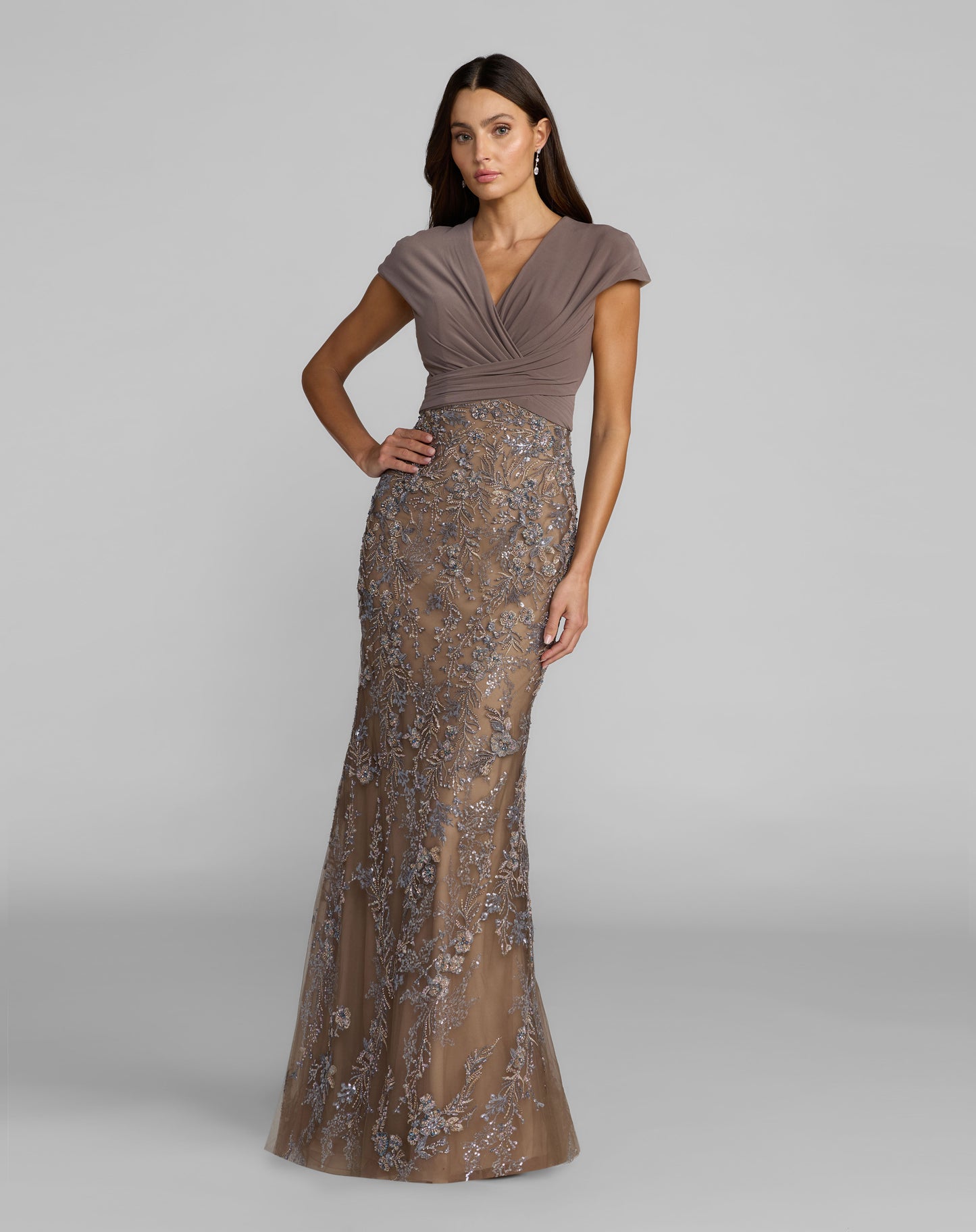 Mac Duggal 21291 Taupe Jersey Cap-Sleeve V-Neck Gown with Floral Embroidery and Sequins