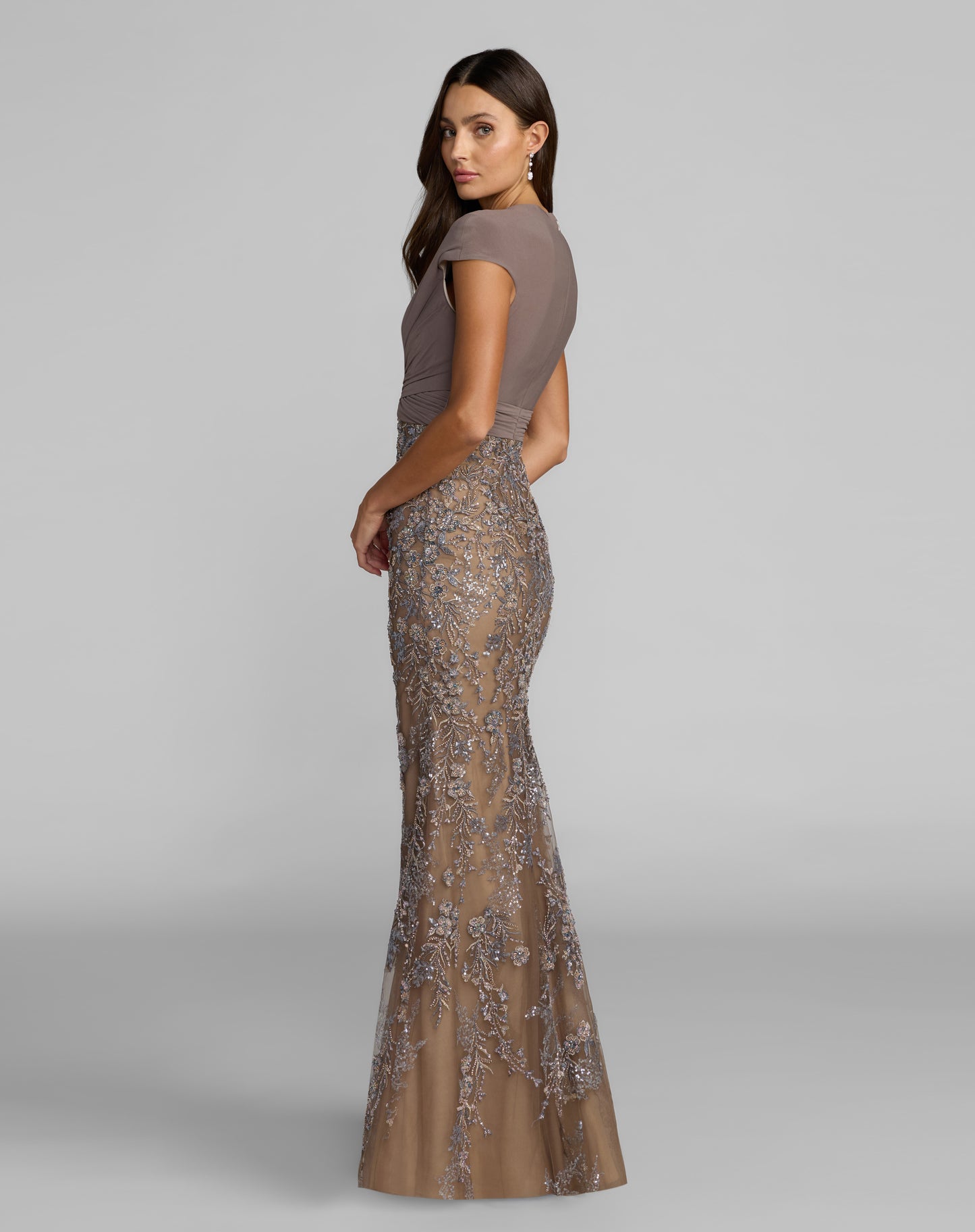 Mac Duggal 21291 Taupe Jersey Cap-Sleeve V-Neck Gown with Floral Embroidery and Sequins