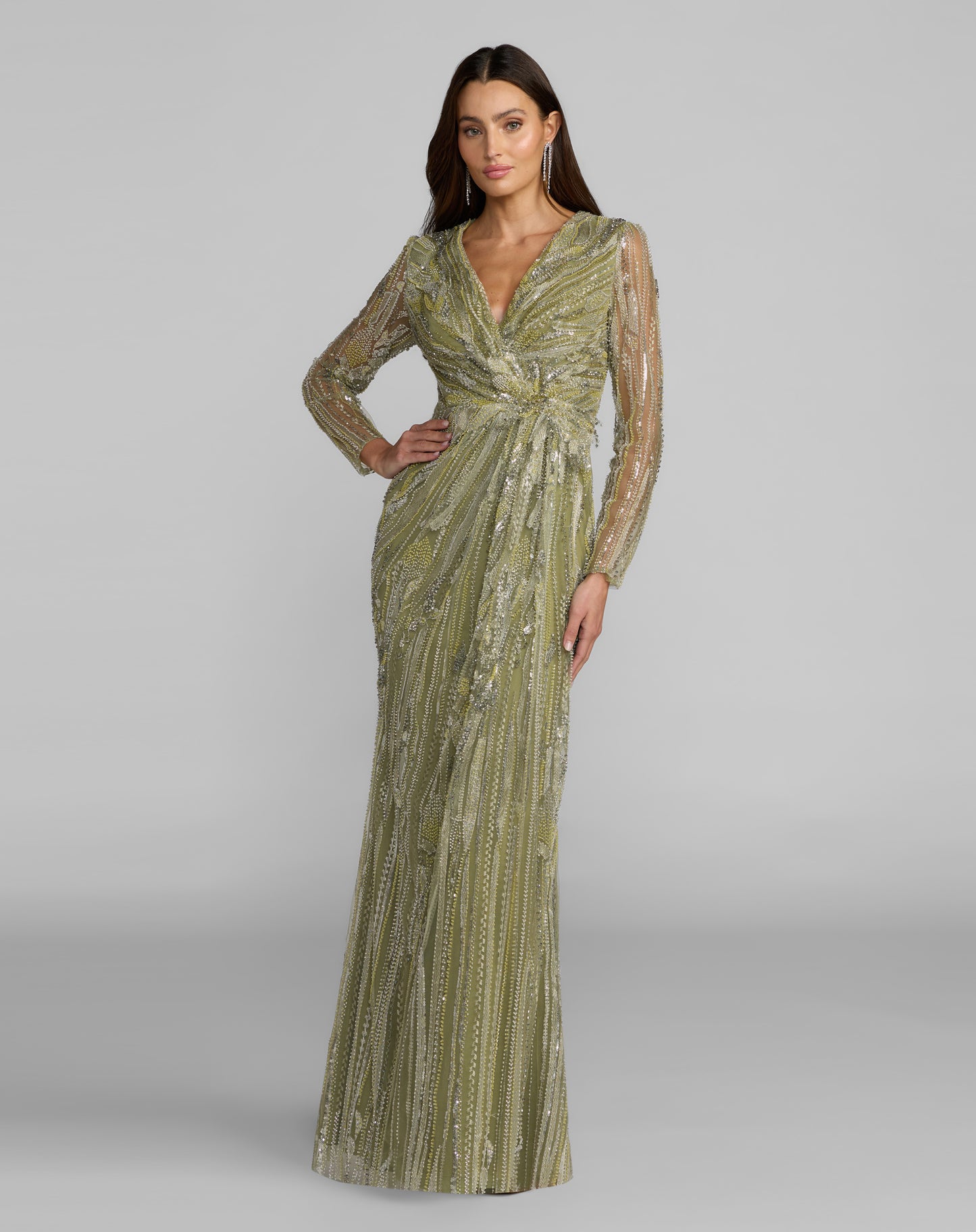 Mac Duggal 21306 Green Long-Sleeve V-Neck Floor-Length Gown with Embellishments and Embroidery