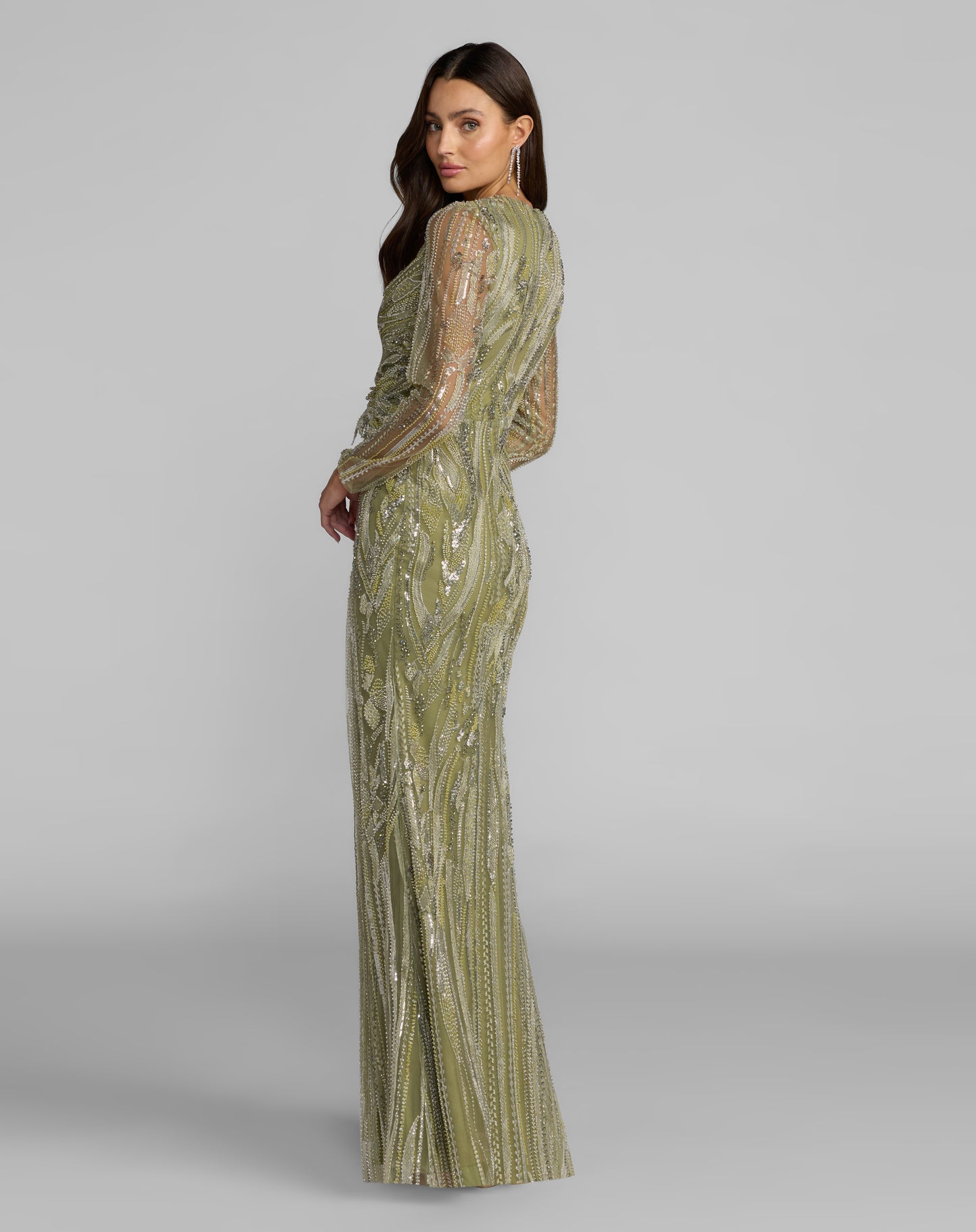 Mac Duggal 21306 Green Long-Sleeve V-Neck Floor-Length Gown with Embellishments and Embroidery