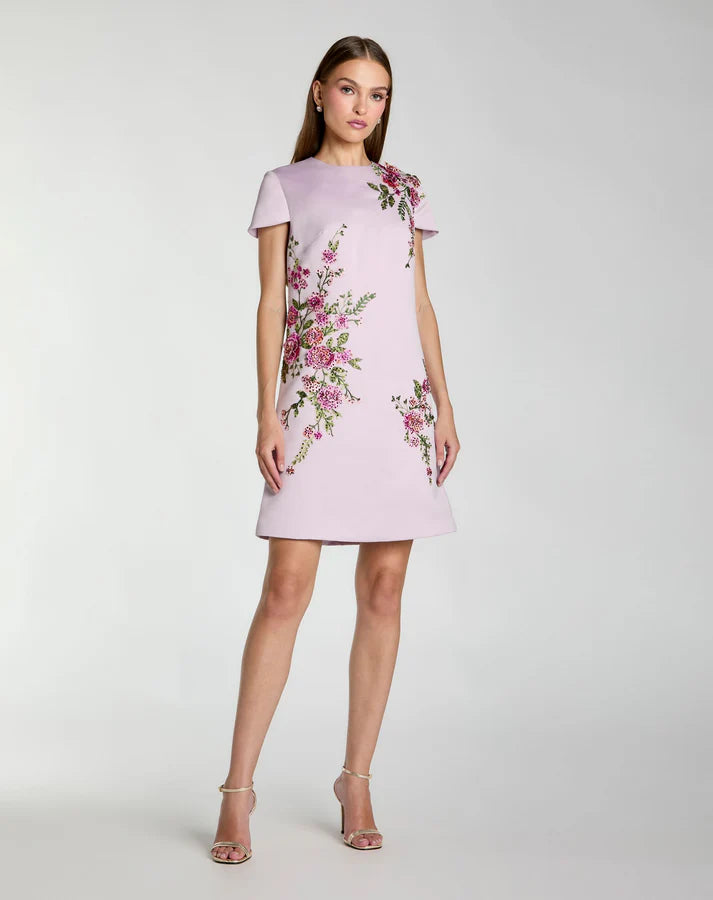 Mac Duggal 21338 Lilac Cap Sleeve High Round Neckline Embroidered Satin Mini Dress