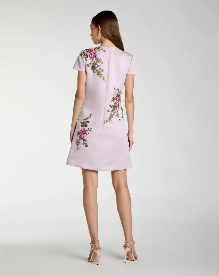 Mac Duggal 21338 Lilac Cap Sleeve High Round Neckline Embroidered Satin Mini Dress