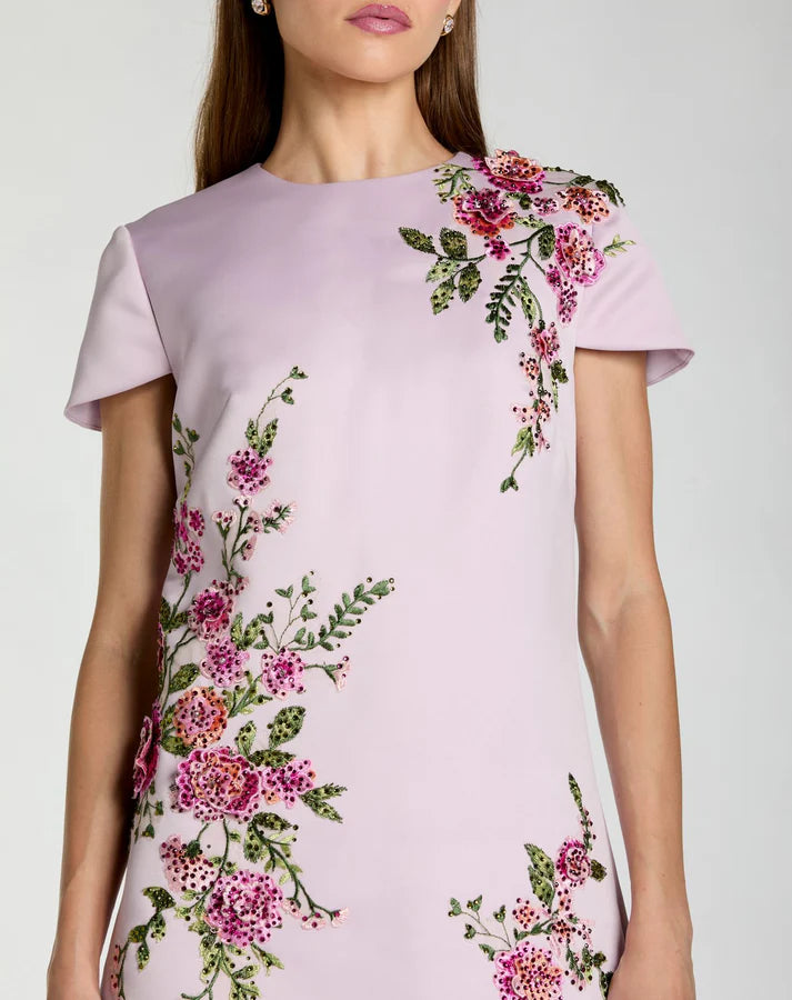Mac Duggal 21338 Lilac Cap Sleeve High Round Neckline Embroidered Satin Mini Dress