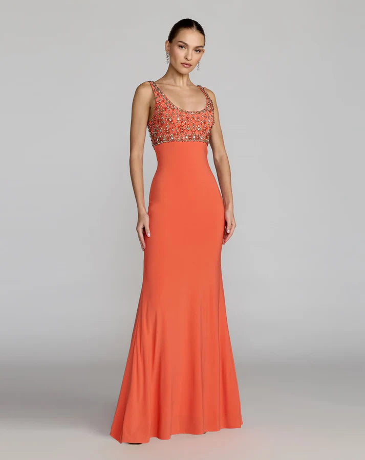 Mac Duggal 2253 Orange Sleeveless Scoop Neckline Rhinestone Embellished Bodice