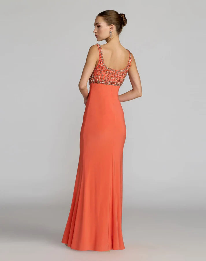 Mac Duggal 2253 Orange Sleeveless Scoop Neckline Rhinestone Embellished Bodice