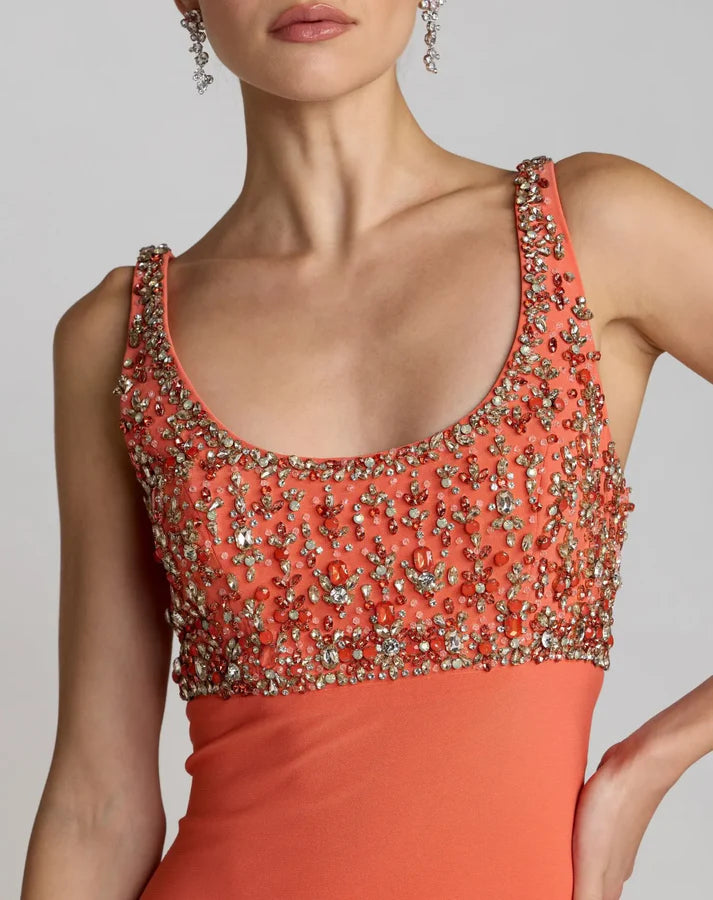 Mac Duggal 2253 Orange Sleeveless Scoop Neckline Rhinestone Embellished Bodice