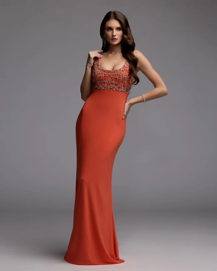 Mac Duggal 2253 Orange Sleeveless Scoop Neckline Rhinestone Embellished Bodice