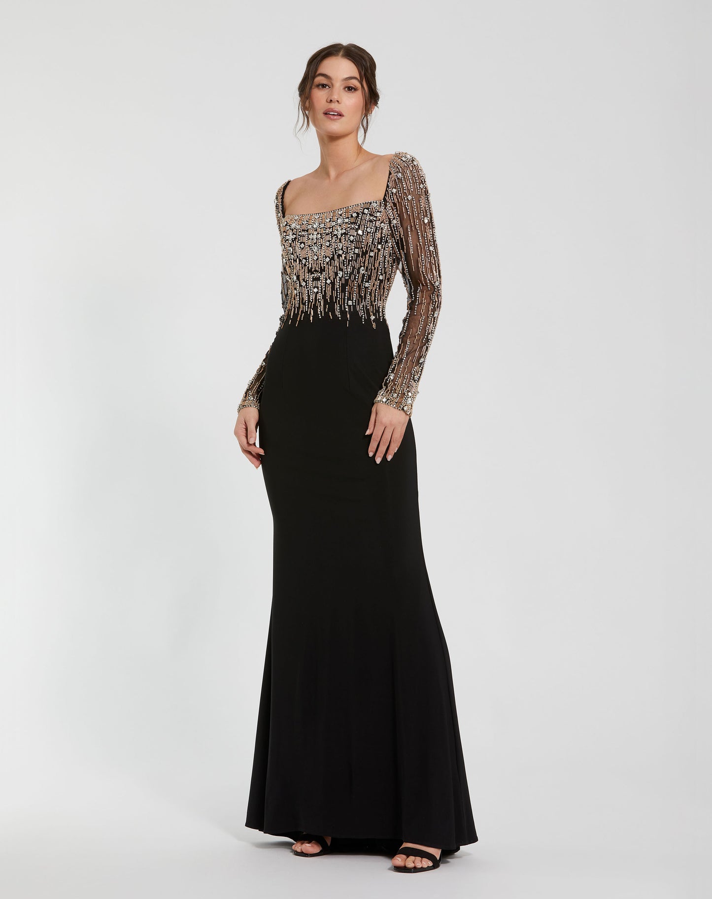 Mac Duggal 2256 Beaded Square Neck Long Sleeve Jersey Gown