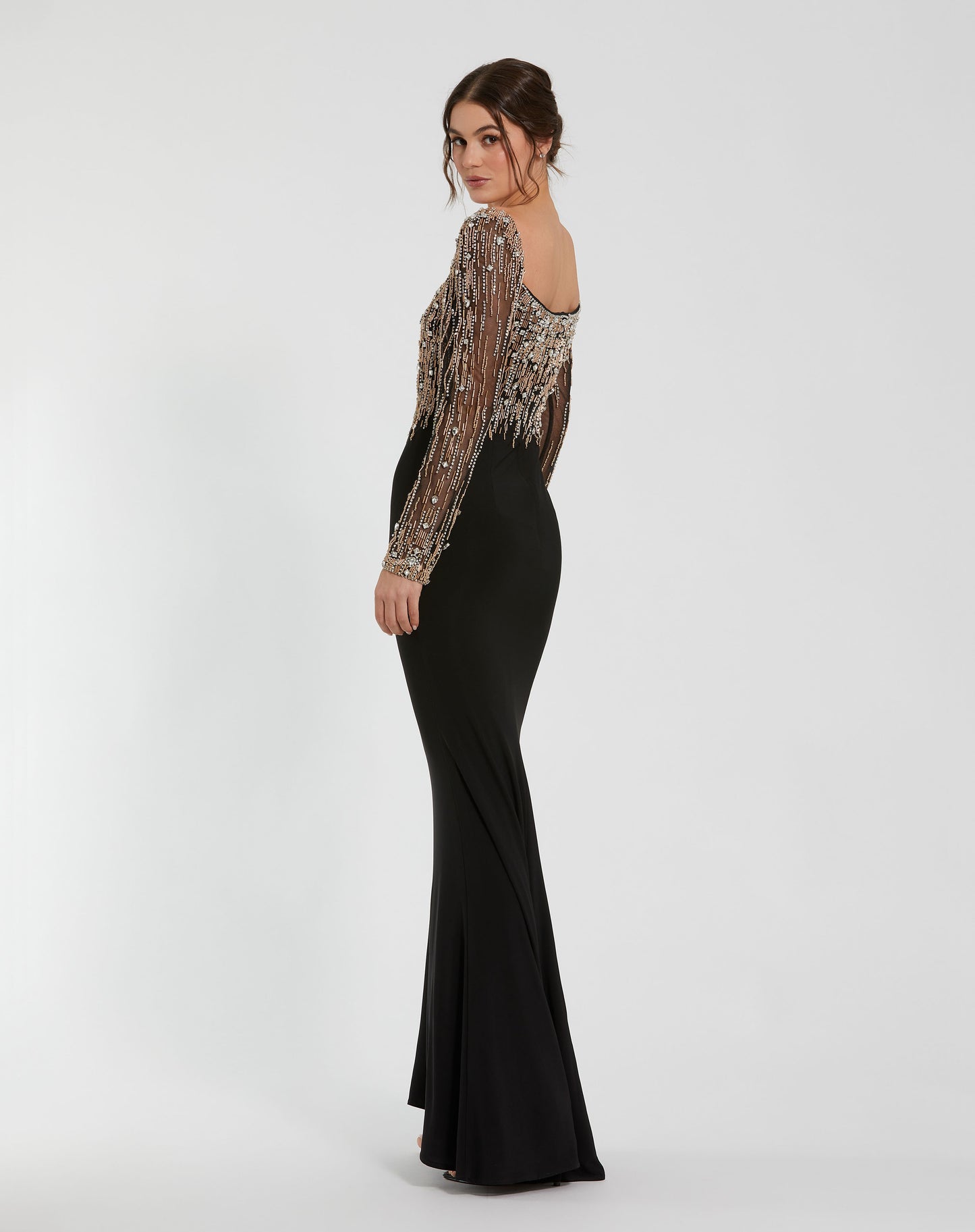 Mac Duggal 2256 Beaded Square Neck Long Sleeve Jersey Gown