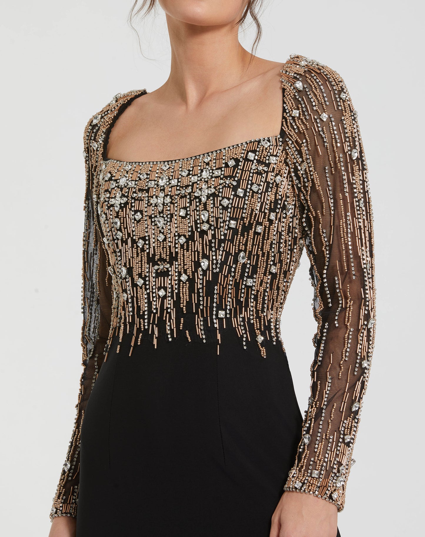 Mac Duggal 2256 Beaded Square Neck Long Sleeve Jersey Gown