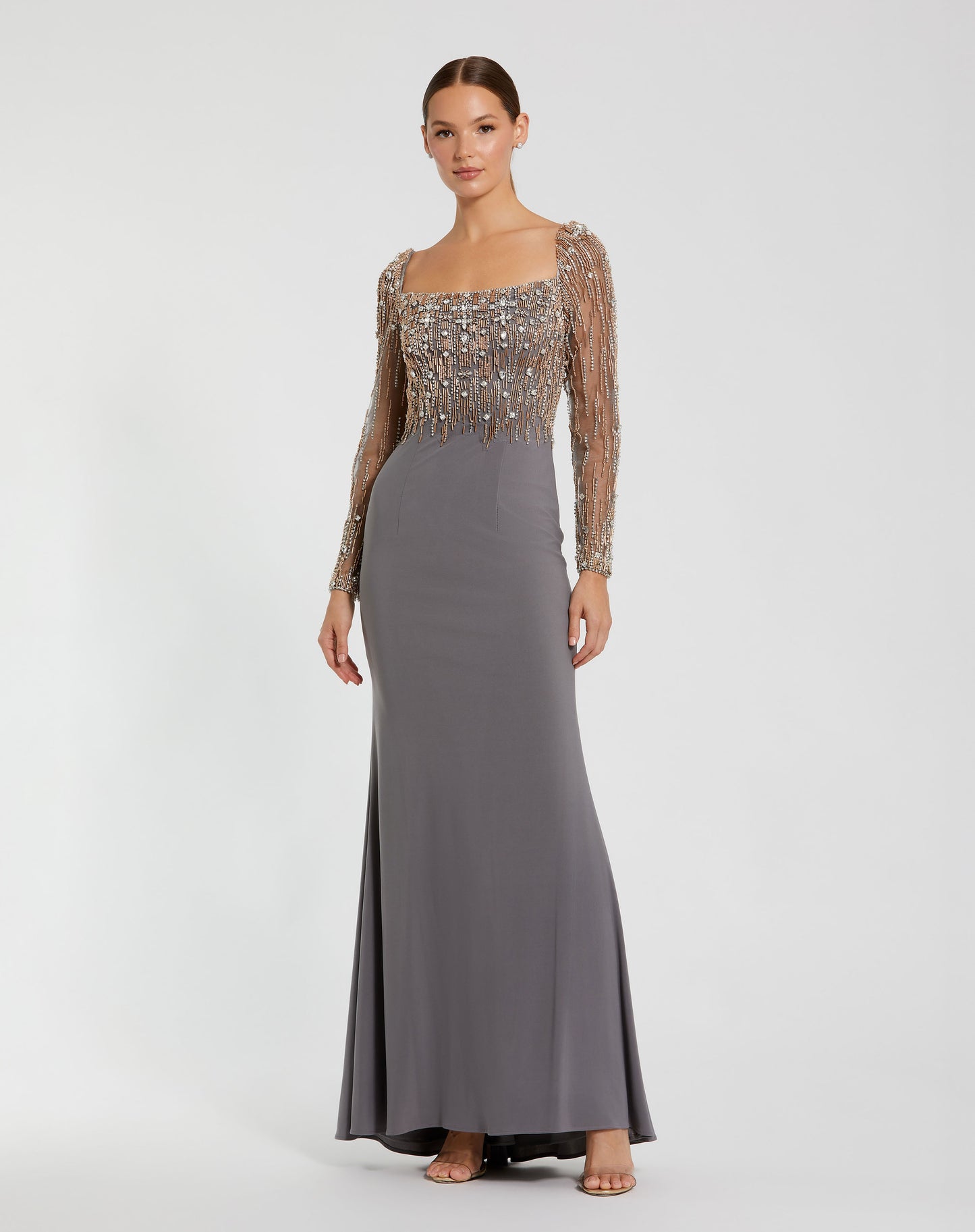 Mac Duggal 2256 Beaded Square Neck Long Sleeve Jersey Gown