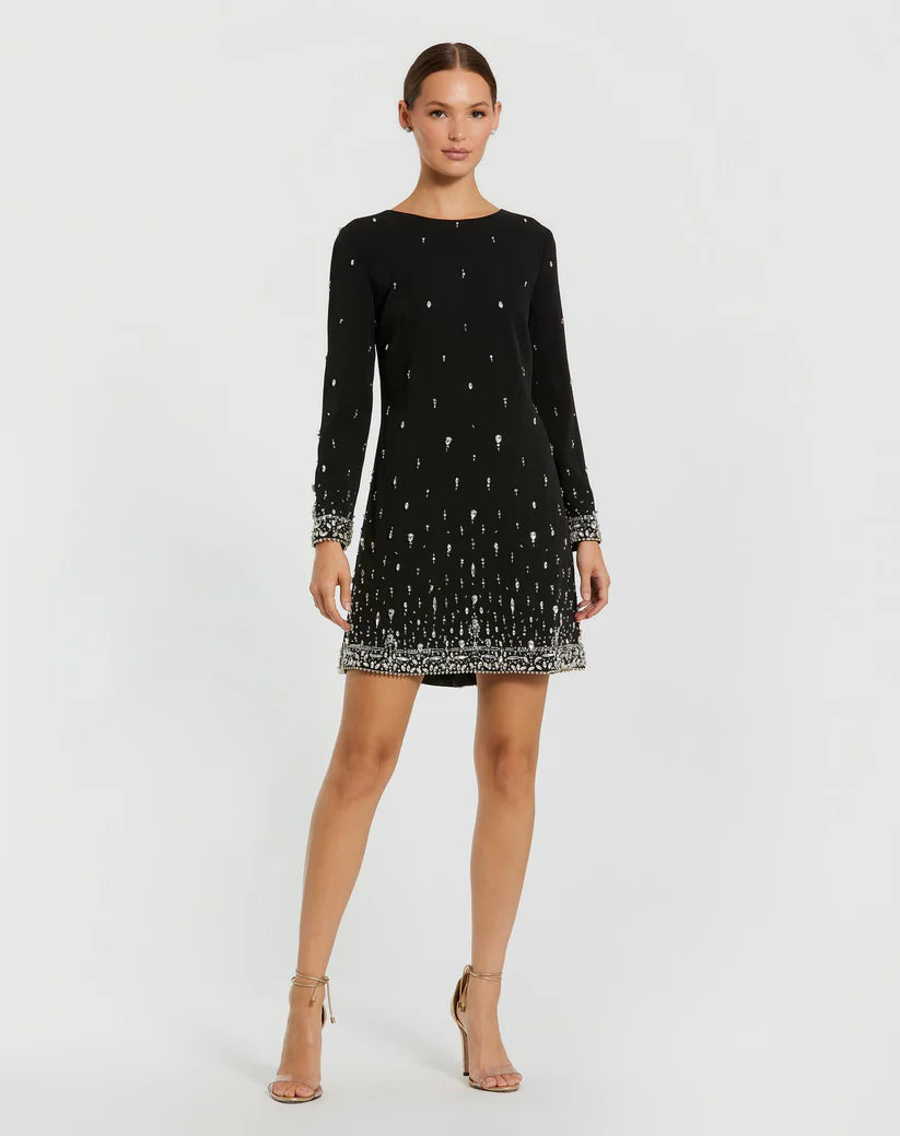 Mac Duggal 2262 Embellished Crepe Long Sleeve Mini Dress