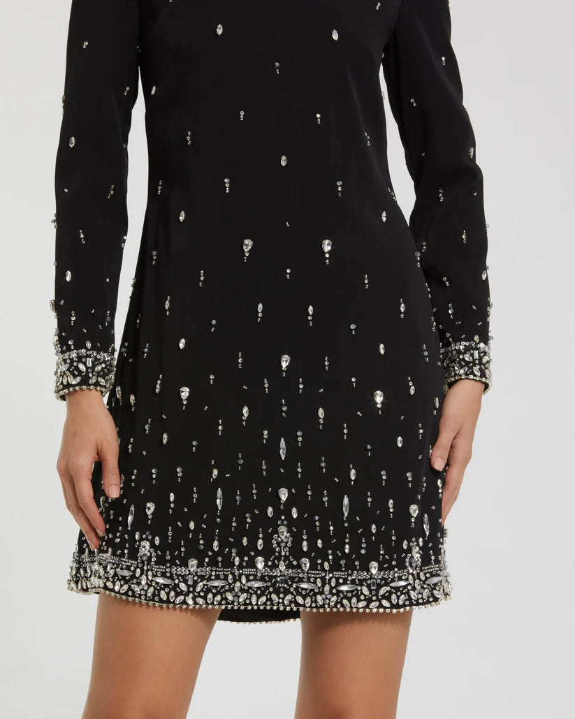 Mac Duggal 2262 Embellished Crepe Long Sleeve Mini Dress