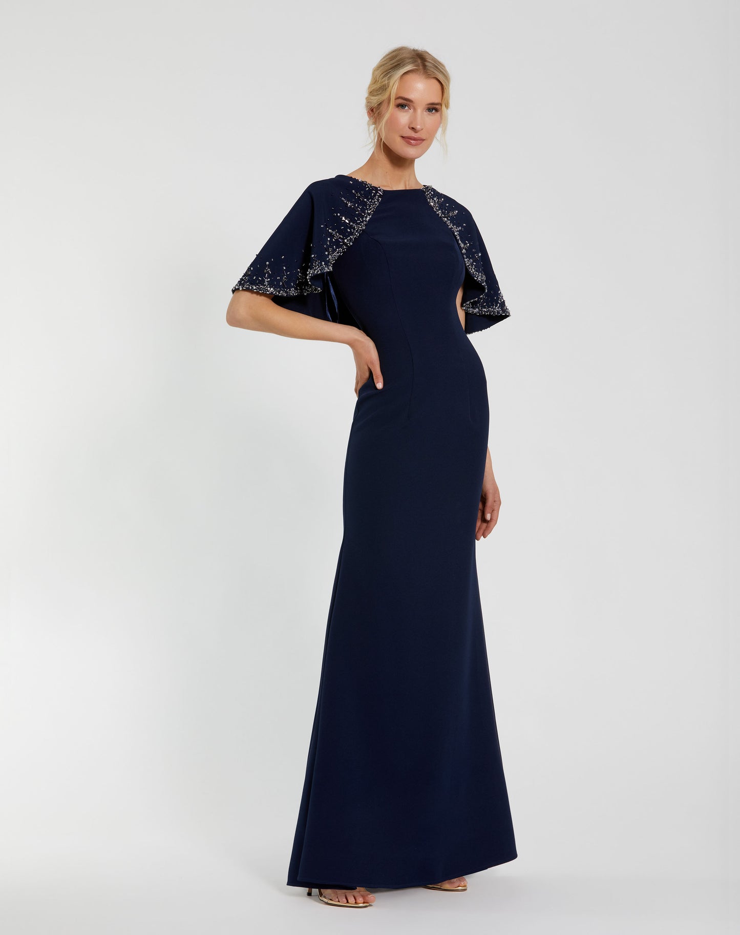 Mac Duggal 2271 Crepe High Neck Fitted Gown with Beaded Shawl