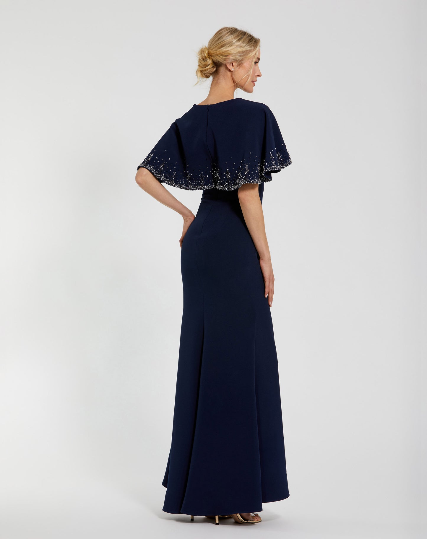 Mac Duggal 2271 Crepe High Neck Fitted Gown with Beaded Shawl
