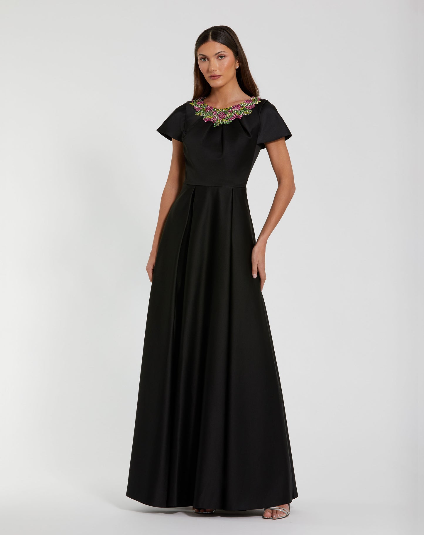 Mac Duggal 2272 Satin Flutter Sleeve Gown with Neckline Beading