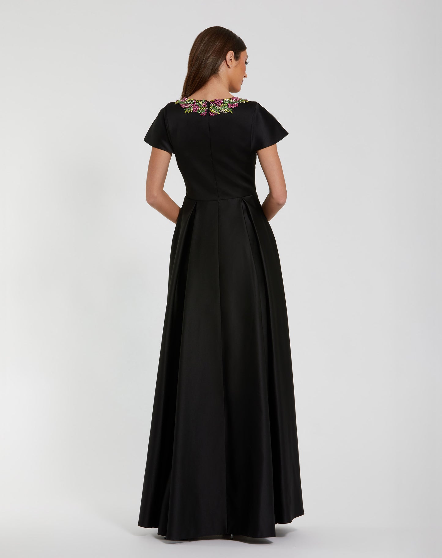 Mac Duggal 2272 Satin Flutter Sleeve Gown with Neckline Beading