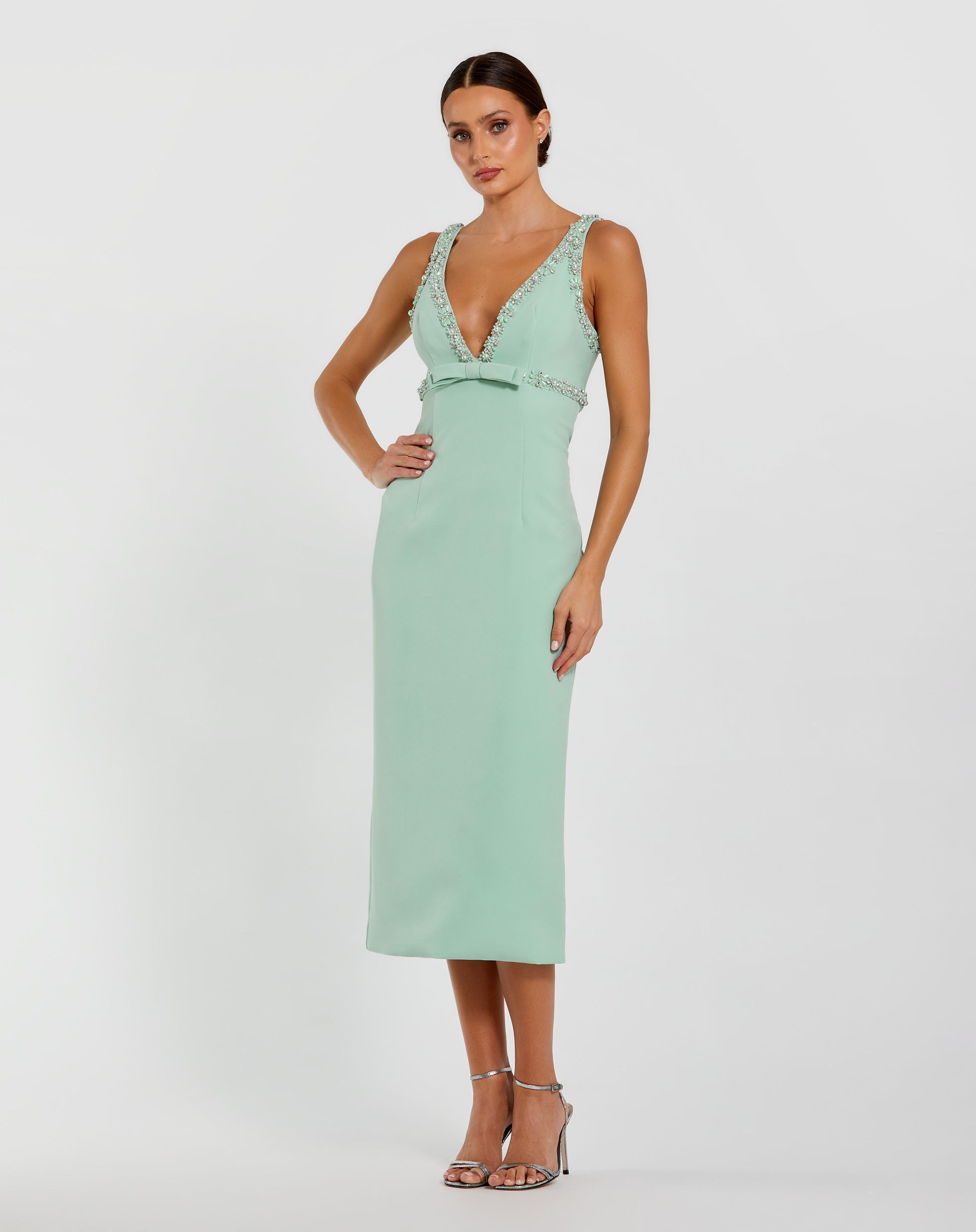 Mac Duggal Crepe Fitted Midi Dress With Bow And Beaded Trim - Sage Mac Duggal Crepe Fitted Midi Dress With Bow And Beaded Trim - Sage