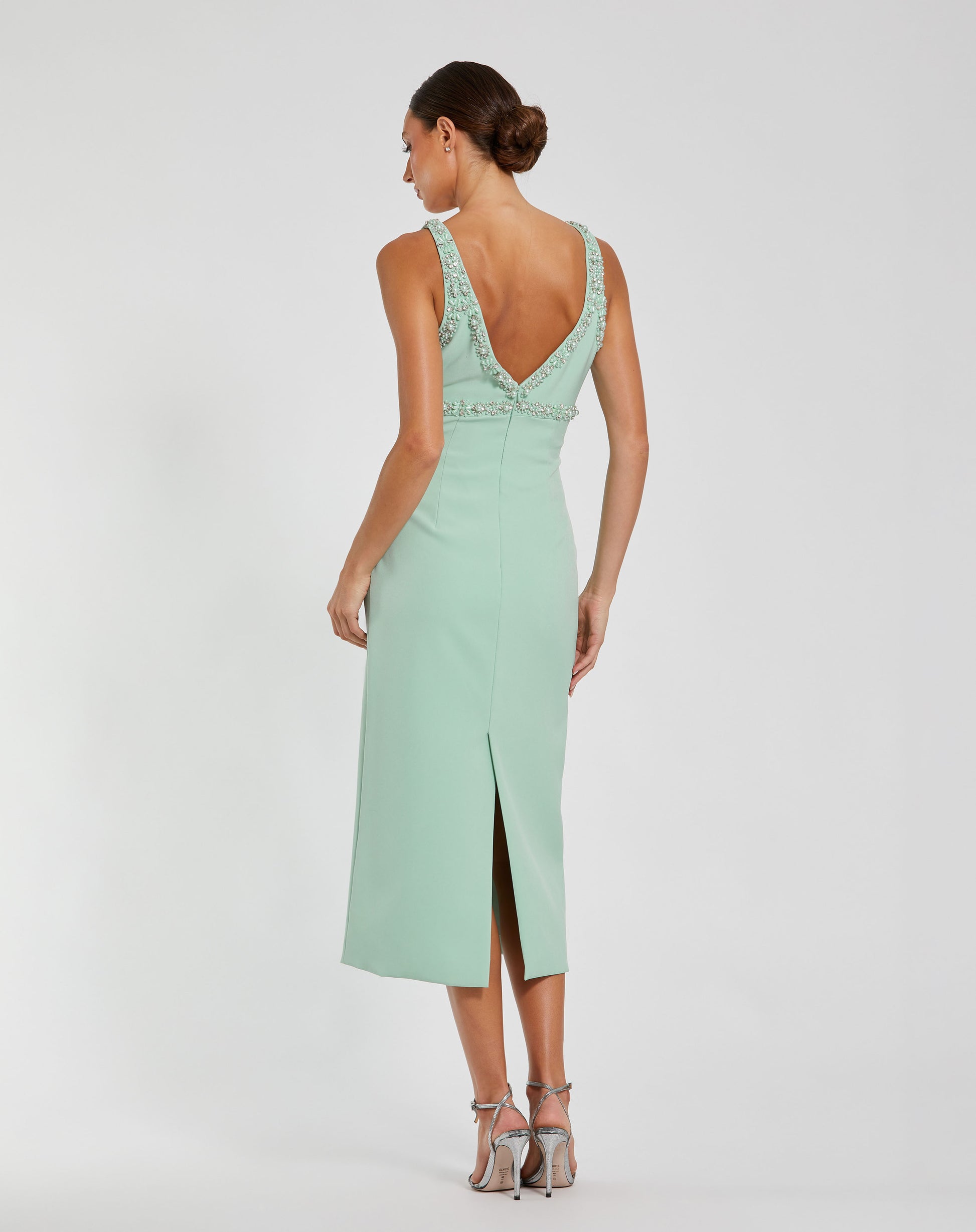 Mac Duggal Crepe Fitted Midi Dress With Bow And Beaded Trim - Sage Mac Duggal Crepe Fitted Midi Dress With Bow And Beaded Trim - Sage