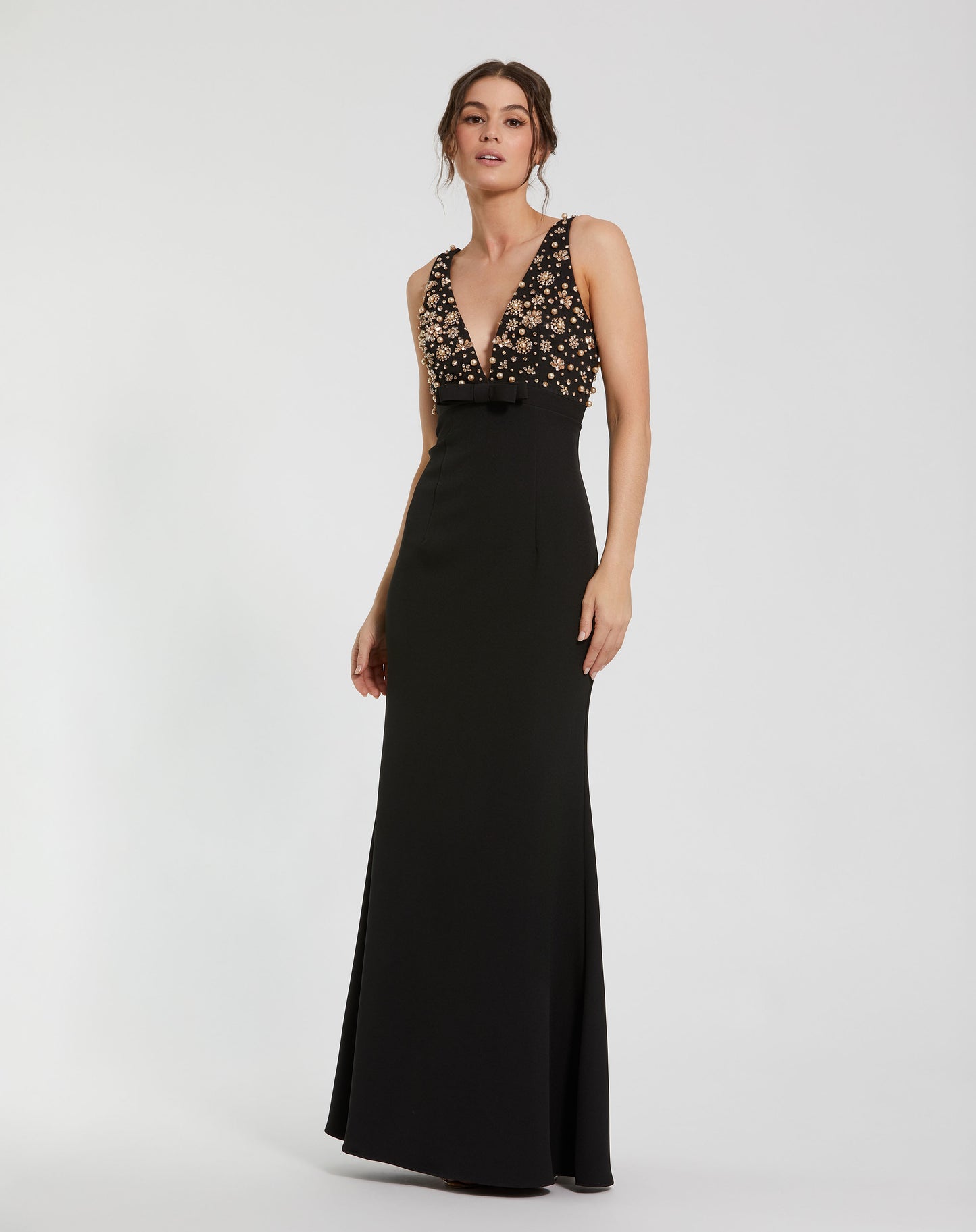 Mac Duggal 2278 Crepe Sleeveless Beaded V Neck Gown with Bow