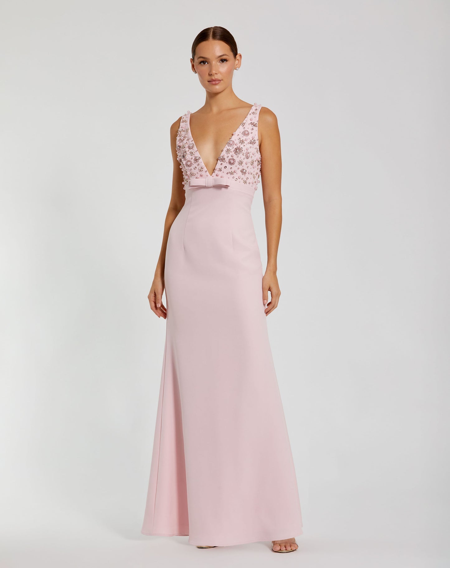 Mac Duggal 2278 Crepe Sleeveless Beaded V Neck Gown with Bow