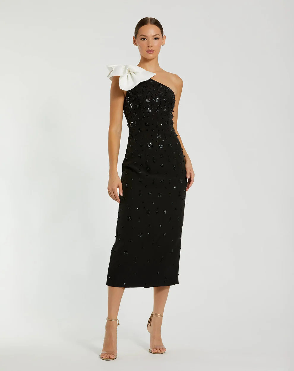 Mac Duggal 2280 One Shoulder Beaded Midi Dress With Bow