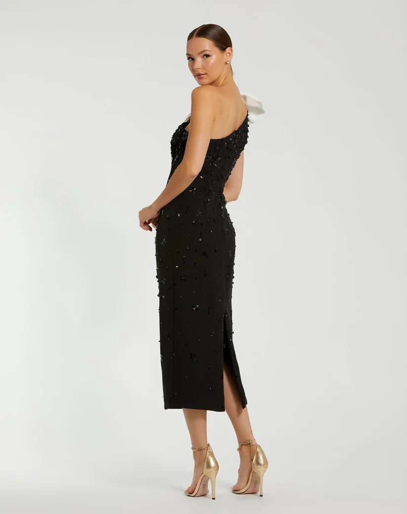 Mac Duggal 2280 One Shoulder Beaded Midi Dress With Bow