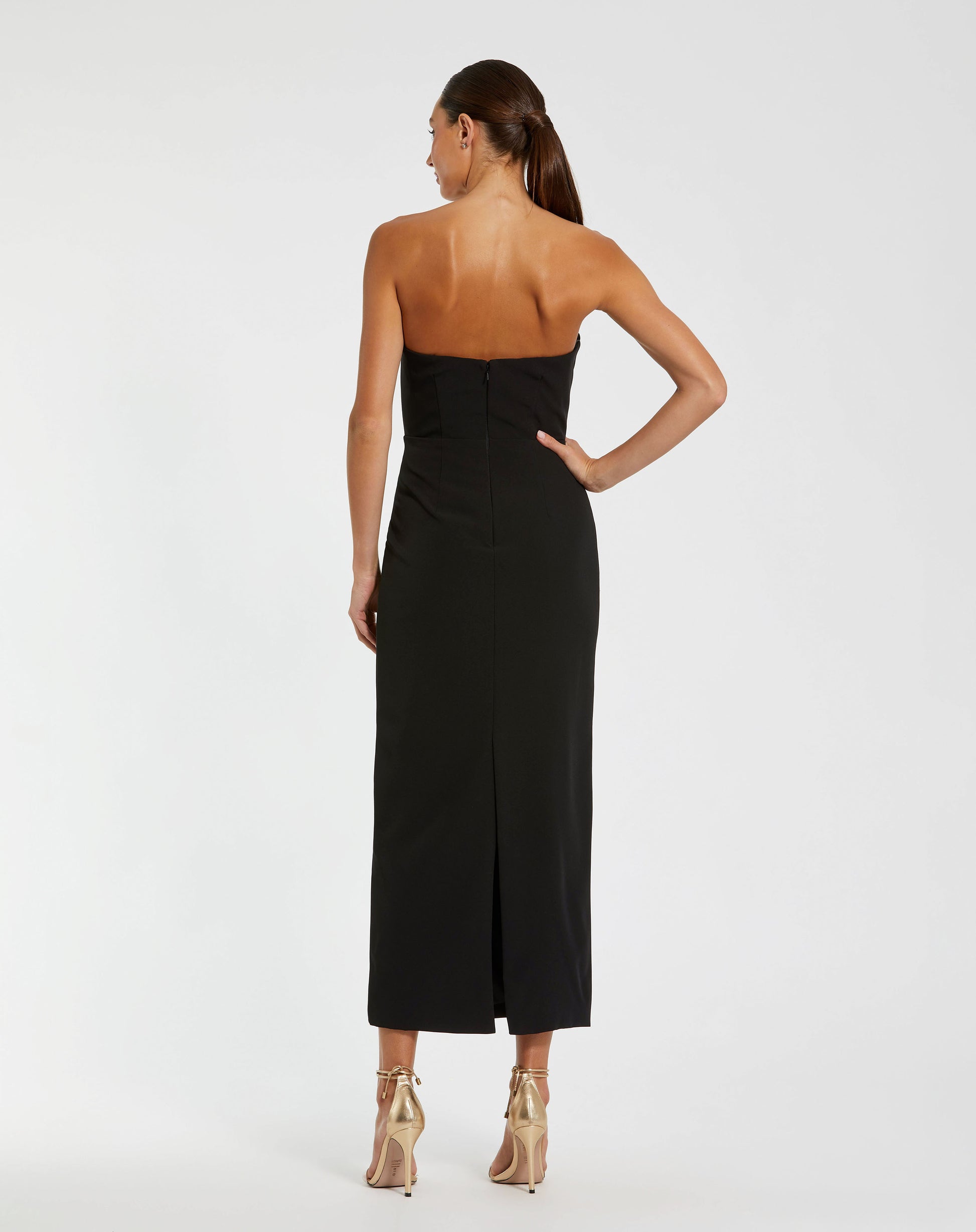black strapless crepe ankle dress with 3d satin flowers Black Strapless Crepe Dress With 3D Satin Flowers