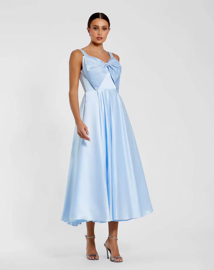 Mac Duggal 2288 Powder Blue Sleeveless Pleated Waist Satin Midi Dress with Oversized Bow
