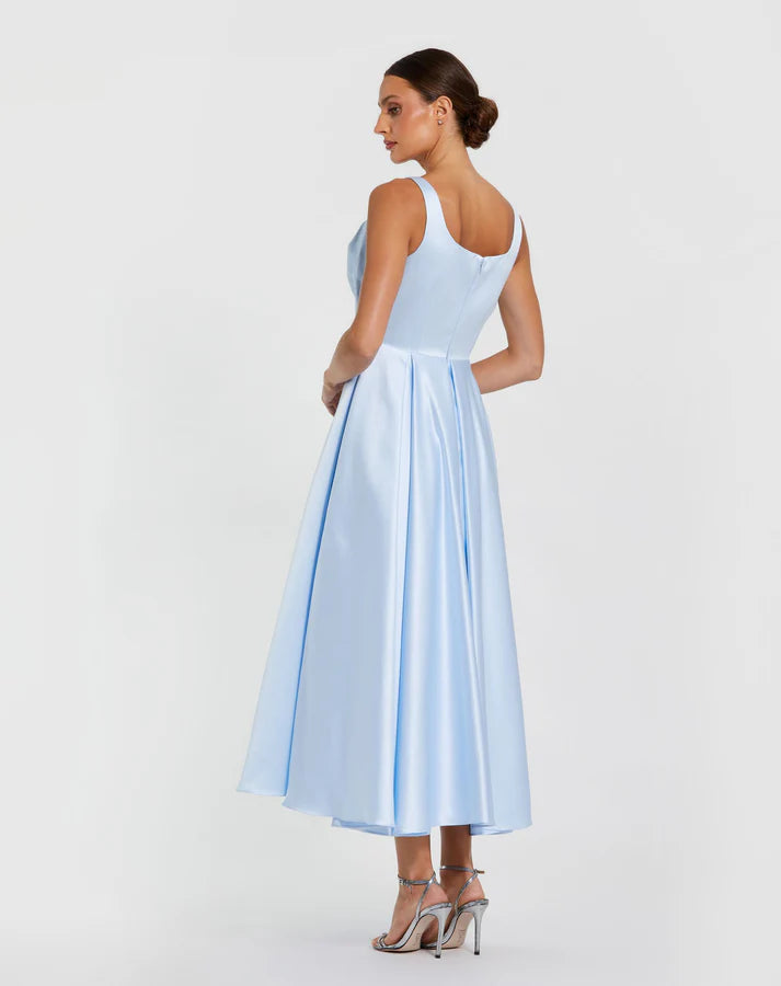 Mac Duggal 2288 Powder Blue Sleeveless Pleated Waist Satin Midi Dress with Oversized Bow