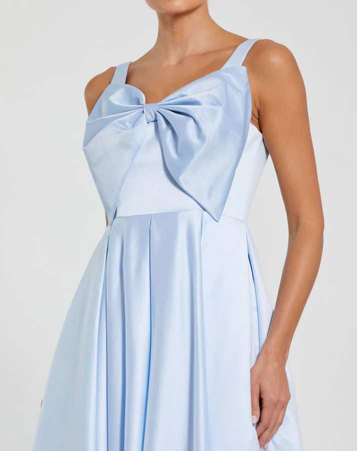 Mac Duggal 2288 Powder Blue Sleeveless Pleated Waist Satin Midi Dress with Oversized Bow