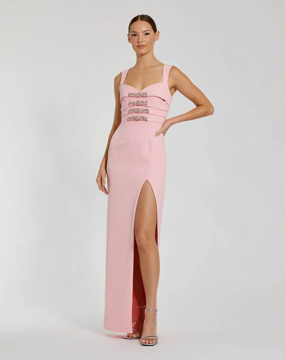 Mac Duggal 2293 Pink Sleeveless Crepe Gown With Rhinestone Embellished Bow Detailing on Bodice