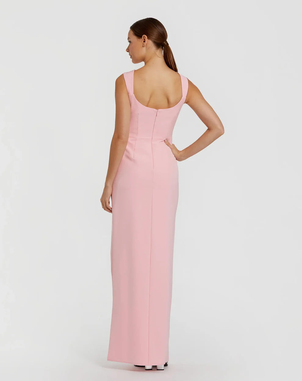 Mac Duggal 2293 Pink Sleeveless Crepe Gown With Rhinestone Embellished Bow Detailing on Bodice