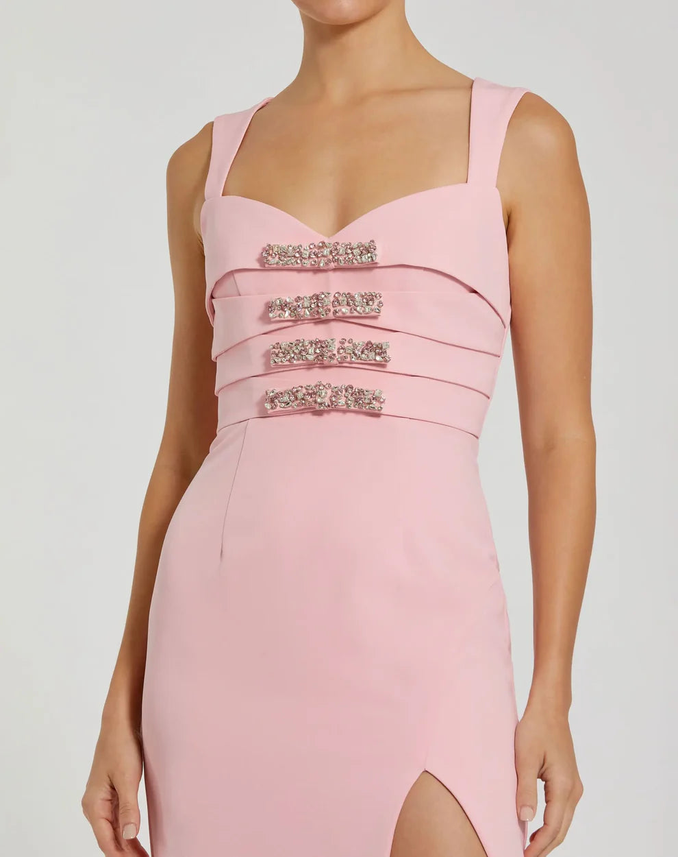 Mac Duggal 2293 Pink Sleeveless Crepe Gown With Rhinestone Embellished Bow Detailing on Bodice