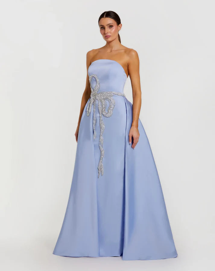 Mac Duggal 2317 Blue Strapless Hand-Beaded Bow Embellished Satin Gown with Overskirt