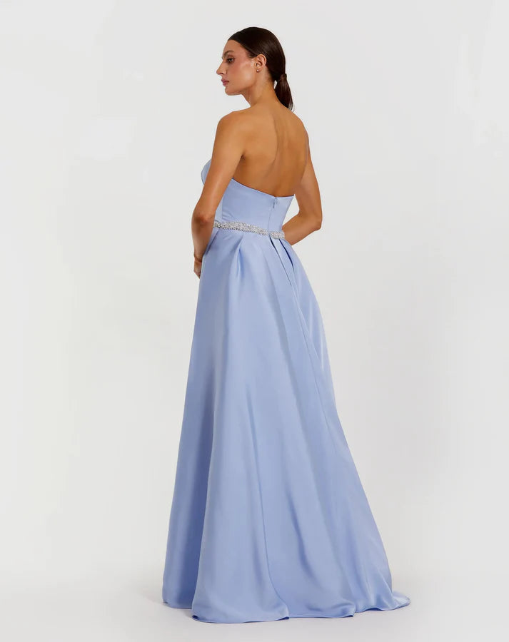 Mac Duggal 2317 Blue Strapless Hand-Beaded Bow Embellished Satin Gown with Overskirt
