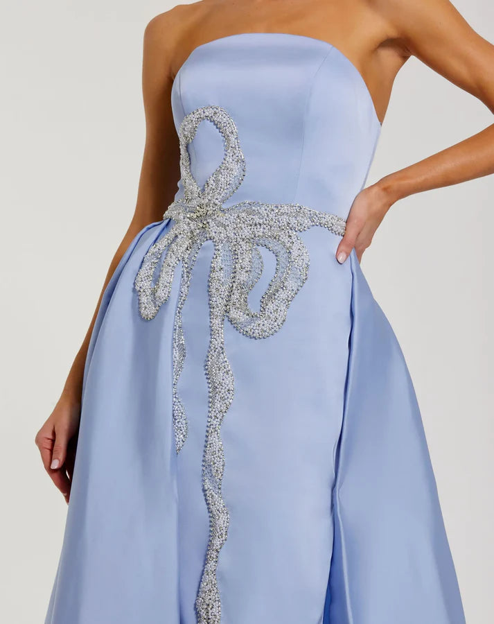 Mac Duggal 2317 Blue Strapless Hand-Beaded Bow Embellished Satin Gown with Overskirt