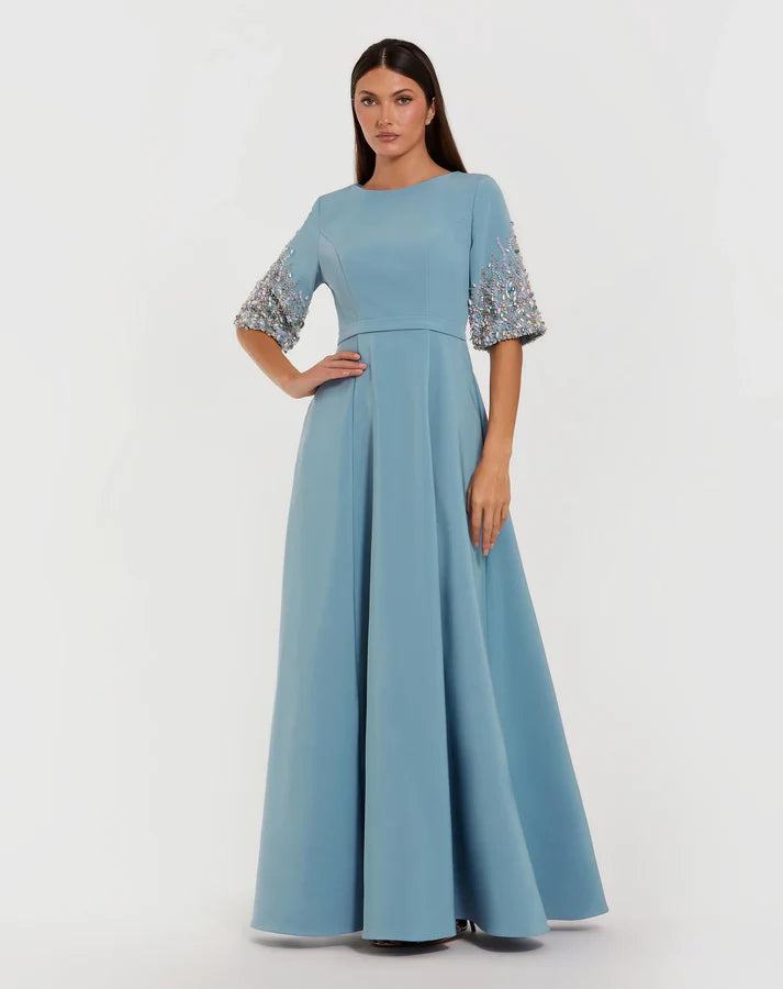 Mac Duggal 2322 Blue Crepe High Neckline Gown With 3/4 Sleeves Multicolored Embellishments
