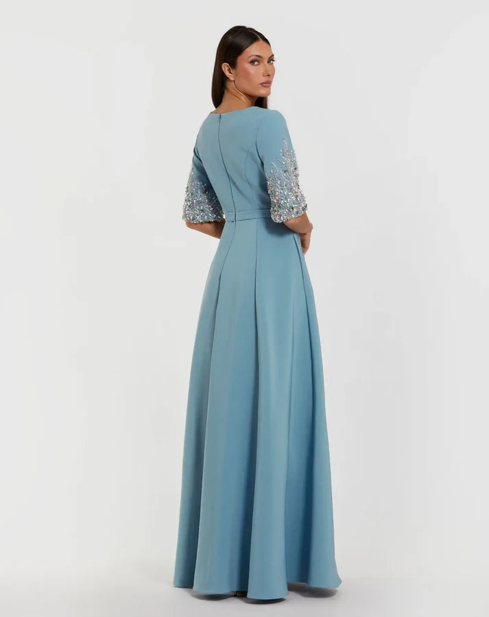 Mac Duggal 2322 Blue Crepe High Neckline Gown With 3/4 Sleeves Multicolored Embellishments