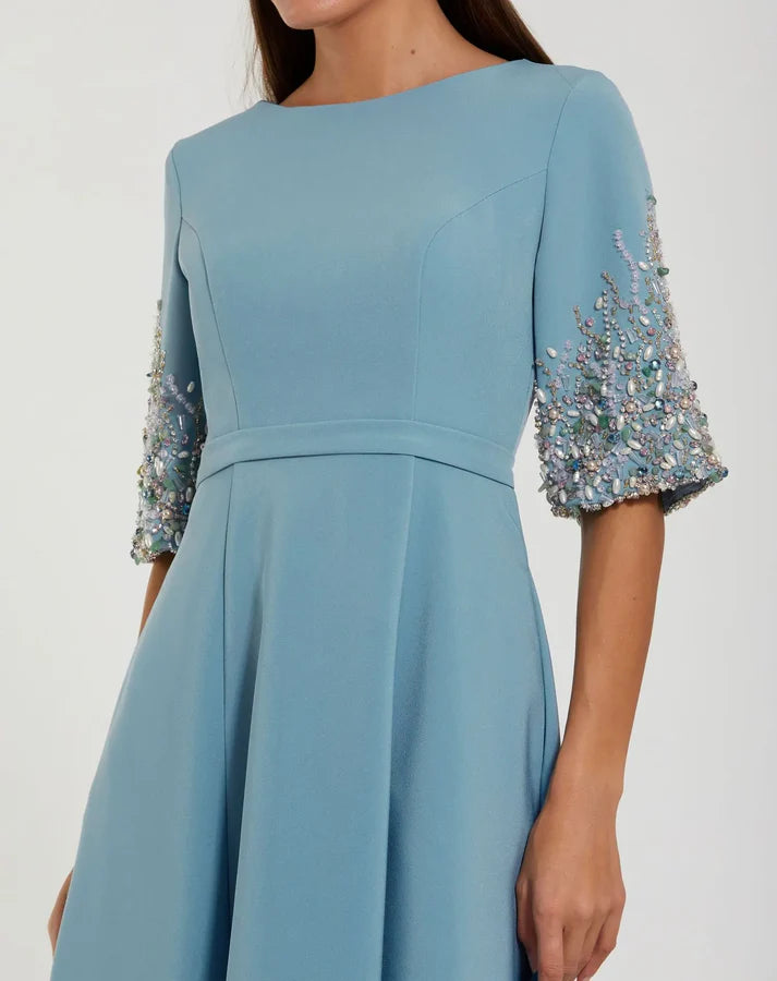 Mac Duggal 2322 Blue Crepe High Neckline Gown With 3/4 Sleeves Multicolored Embellishments